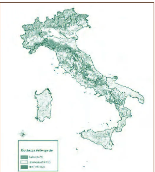 Figura 1 - Ricchezza delle specie di vertebrati nelle aree