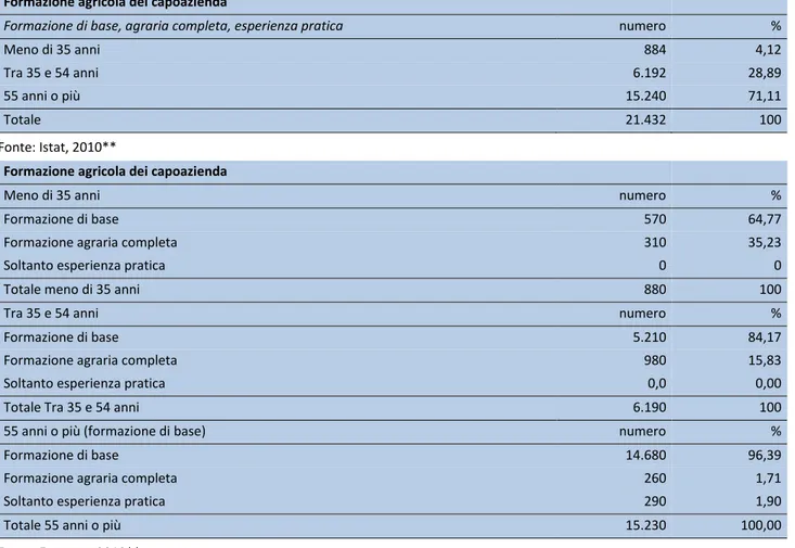 Tabella 2.1.6: Formazione agricola dei capoazienda per classi di età (Indicatore Comune di Contesto 24*)  Formazione agricola dei capoazienda 