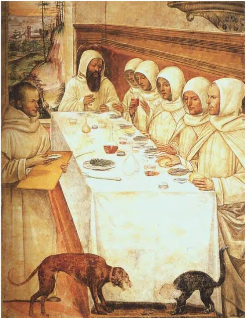Figura 11 – Particolare dell’affresco di G.A. Bazzi (c.a. 1505); Monaci a pranzo  nel refettorio dell’Abbazia di Chiaravalle Milanese