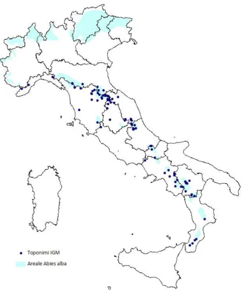 Figura 3.1.9  – Sovrapposizione dell’areale attuale italiano dell’abete bianco con 