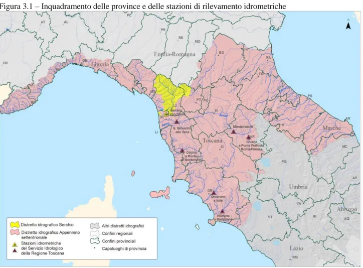 Figura 3.1 – Inquadramento delle province e delle stazioni di rilevamento idrometriche  