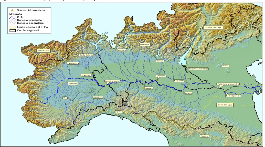Figura 3.1 - Bacino idrografico del fiume Po e principali stazioni idrometriche 