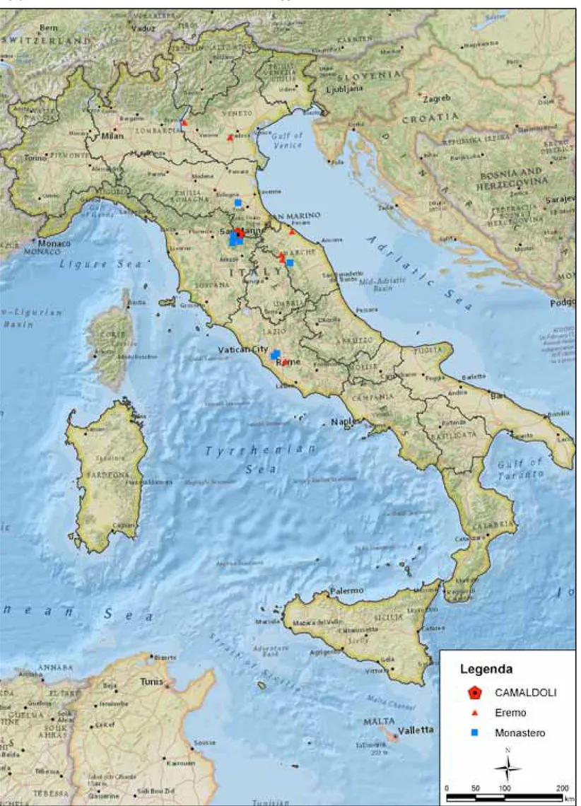 fig. 3 – distribuzione delle case camaldolesi in italia oggi.