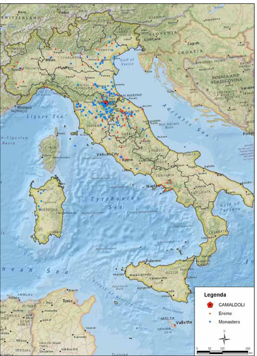 figura 4 - distribuzione dei siti camaldolesi georeferenziati in italia dal 1012 al 2012.