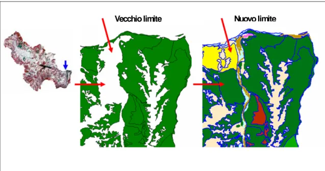 Figura 2.12 - Aree di aggiornamento della Carta Forestale con dati 2009. La composizione satellitare  RGB evidenzia il limite tra le conifere (verde scuro) e la faggeta (rosso scuro); sulla sinistra la  classificazione aggiornata con sovrapposto il tale li