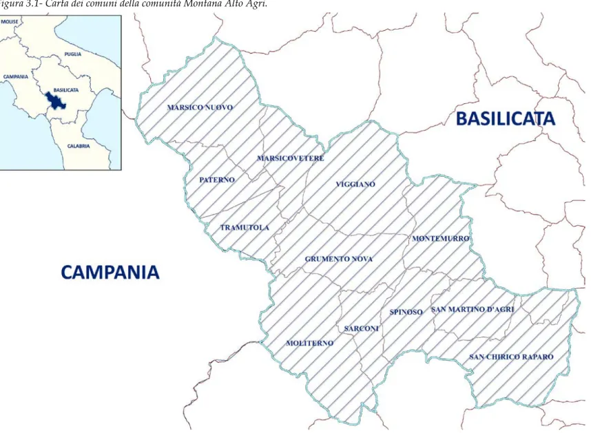 Figura 3.1- Carta dei comuni della comunità Montana Alto Agri.  La Comunità Montana “Alto Agri” si estende su una superficie 
