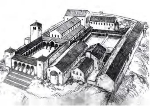 Figura	
  1.2	
  –	
  Ricostruzione	
  in	
  tavola	
  dell'abbazia	
  di	
  Montecassino,	
  alla	
  fine	
  dell'XI	
   secolo:	
  da	
  Alessandro	
  Luciano