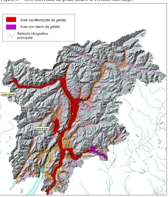 Figura 17 – Aree interessate da gelate tardive in Trentino Alto Adige. 