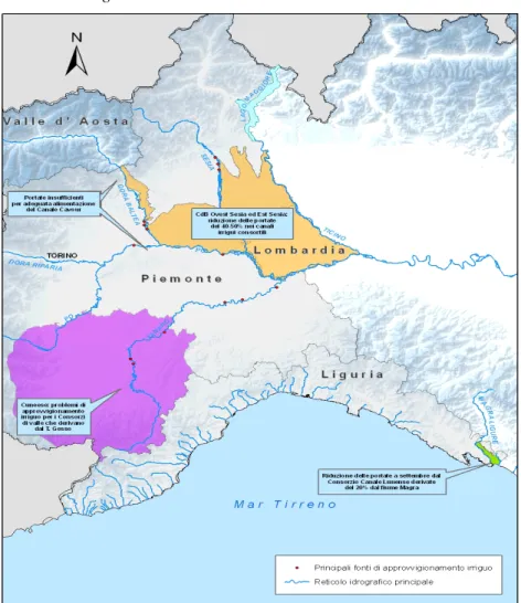 Figura 2 – Principali aree con problemi nell’approvvigionamento idrico,  Piemonte e Liguria 