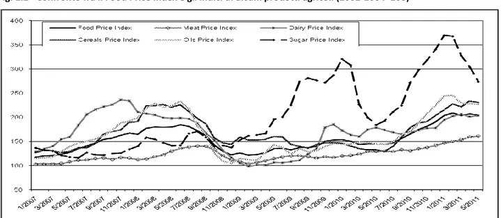 Fig. 1.2 - Confronto fra il Food Price Index e gli indici di alcuni prodotti agricoli (2002-2004=100) 