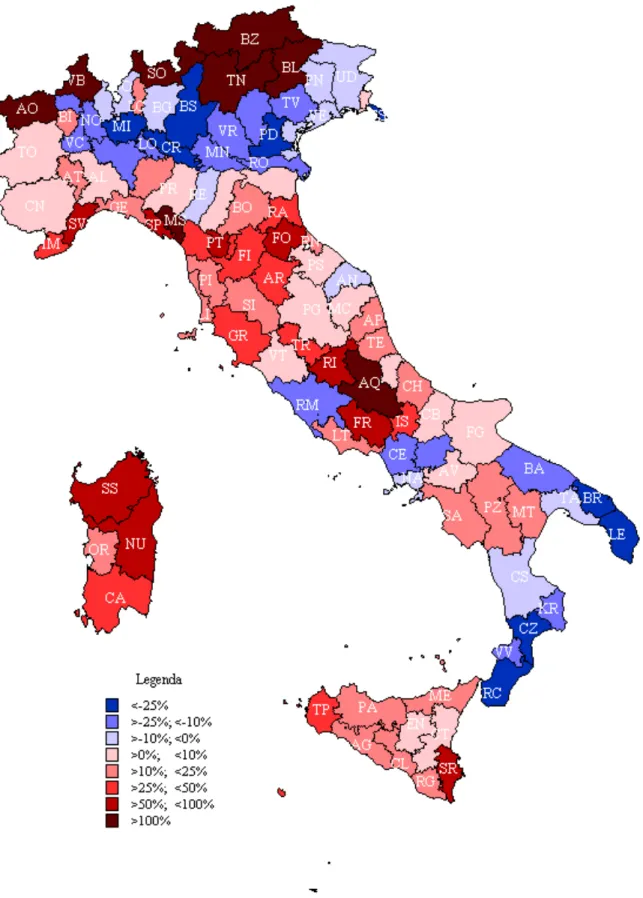 Figura	
  1.3	
  	
   Regionalizzazione	
  al	
  50%.	
  Guadagni/perdite	
  (%)	
  per	
  Provincia.	
  Ipotesi	
  di	
   Italia	
  “regione”	
  unica	
  –	
  2006	
  