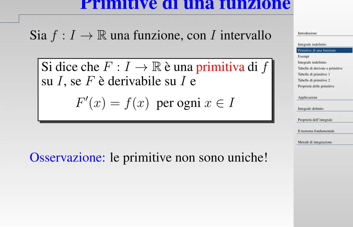 Tabelle di derivate e primitive Tabelle di primitive 1 Tabelle di primitive 2 Proprietà delle primitive Applicazioni