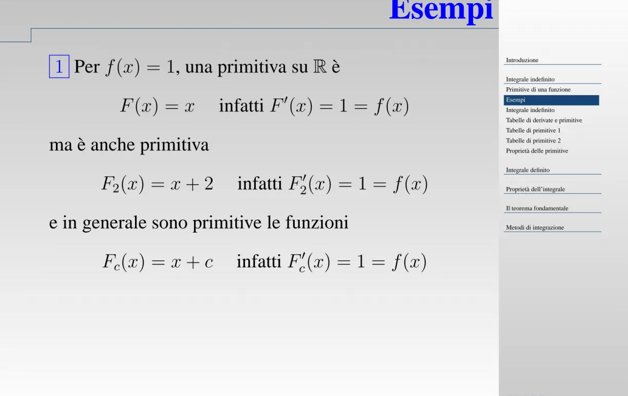 Tabelle di derivate e primitive Tabelle di primitive 1 Tabelle di primitive 2 Proprietà delle primitive Integrale definito Proprietà dell’integrale Il teorema fondamentale Metodi di integrazione