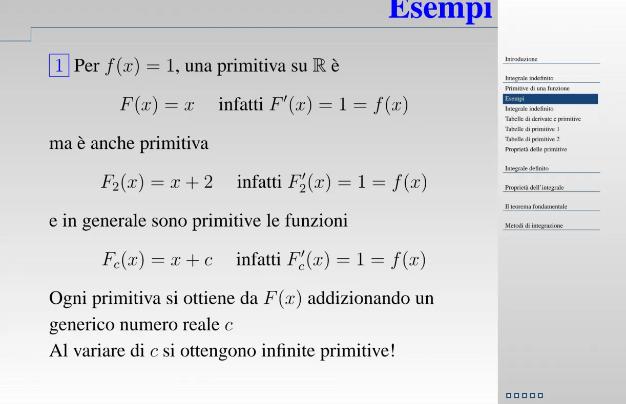 Tabelle di derivate e primitive Tabelle di primitive 1 Tabelle di primitive 2 Proprietà delle primitive Integrale definito Proprietà dell’integrale Il teorema fondamentale Metodi di integrazione
