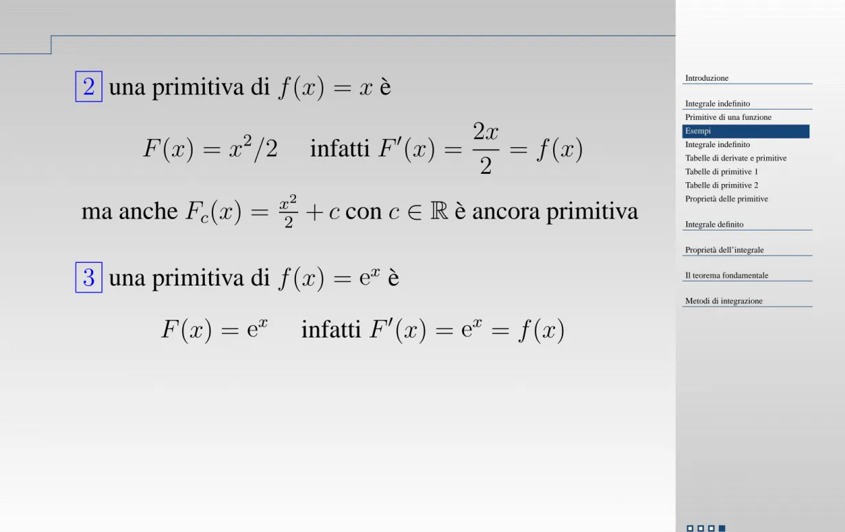 Tabelle di derivate e primitive Tabelle di primitive 1 Tabelle di primitive 2 Proprietà delle primitive Integrale definito Proprietà dell’integrale Il teorema fondamentale Metodi di integrazione2una primitiva dif (x) = x èF (x) = x2/2infattiF′(x) =2x2= f (