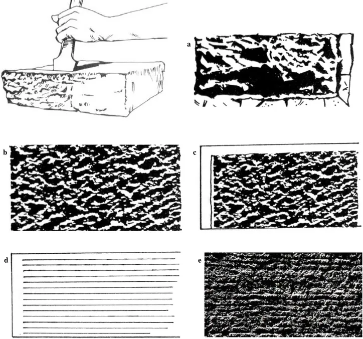 Fig. 3.34. Types of stone  finishing employed by stonemasons of Cosenza Province:  “rock  faced” (a); “rough pointed” (b);  “rough pointed with chiseled margin” (c); “furrowed surface” (d); “bush-hammered” (e)