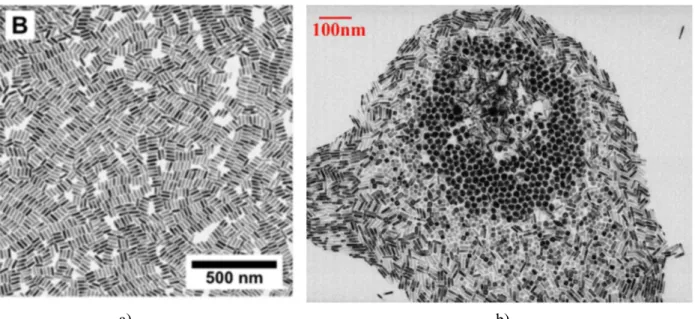 Fig. I.11 a) TEM image of AuNR@CTAB with a high shape yield; b) TEM image of of 3 different shapes of  nanoparticles  assembled separately [35] [38]