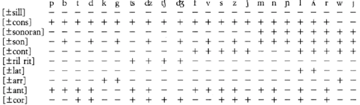 Figura 11 – Matrice dei suoni consonantici dell’italiano (da Nespor, 1993) 