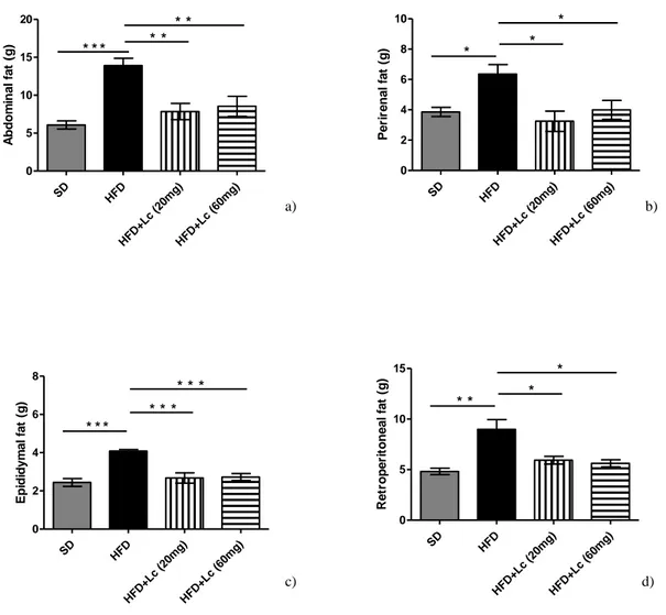 Fig. 18 a) addominale, b) perirenale, c) epididimale, d) retroperirenale in ratti con SD, HFD o HFD+Lc (20 mg) or  HFD+Lc (60 mg) per 12 settimane