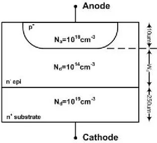 Figure 2.1: p-n-junction power mosfet diode cross section with its dimensional char- char-acteristics and doping levels.