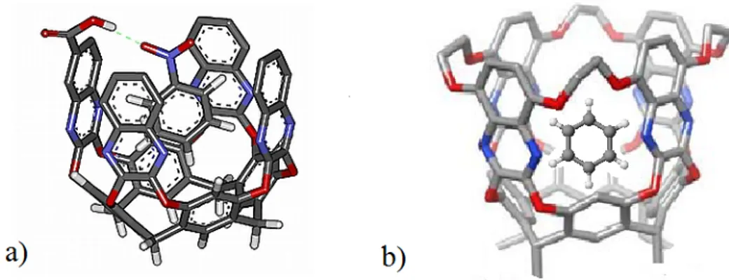 Figure 2.4: Complexation of a) nitrobenzene in COOH-QxCav cavity and b) benzene inside the conformtionally-blocked cavity mouth of the Et-QxBOX.