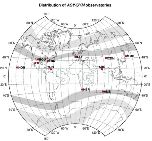 Figure 3.6: Geographic locations of the magnetometer stations used in cal- cal-culating Sym-H/Asy-H indices.