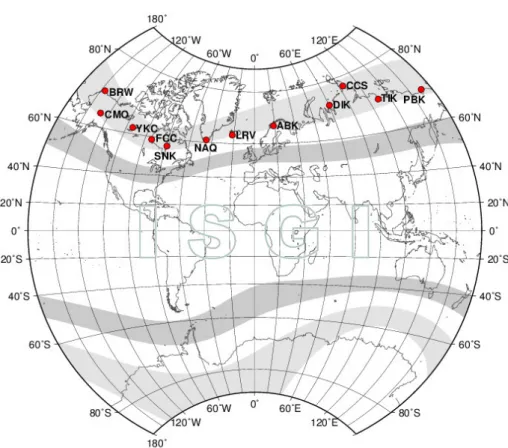 Figure 3.7: Geographic locations of the magnetometer stations used in cal- cal-culating auroral indices.