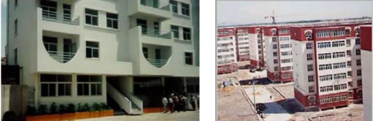 Fig. 1.15. A sinistra: edificio residenziale isolato nel 1991 con HDRB a Shantou. A destra: complesso di 60 nuovi  edifici residenziali in muratura isolati con HDRB