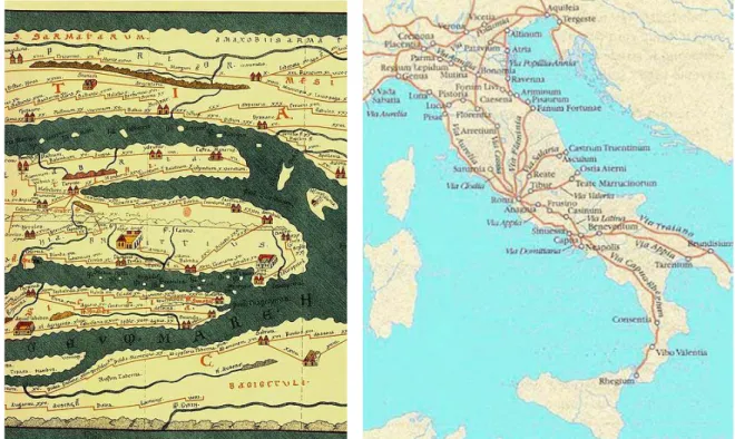 fig. 11 Segmento calabrese della Tabula Peutingeriana  fig. 12 Schema delle principali vie consolari romane