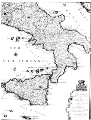 fig. 14 carta incisa da Natale di Bonifacio di Sebenico 1582    fig. 15 “Les Royaumes de Naples et de Sicile 1708 