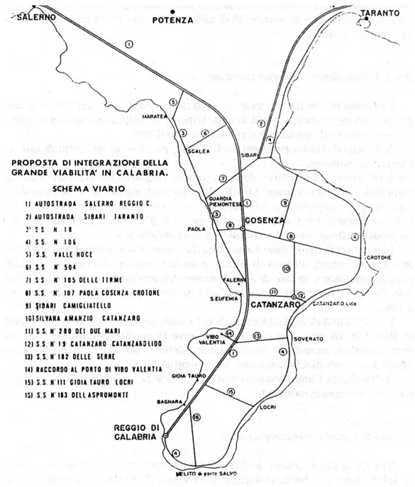 fig. 19 Proposta di assetto della rete viaria calabrese elaborata dall’ufficio speciale dell’ANAS per l’autostrada Salerno  Reggio Calabria 