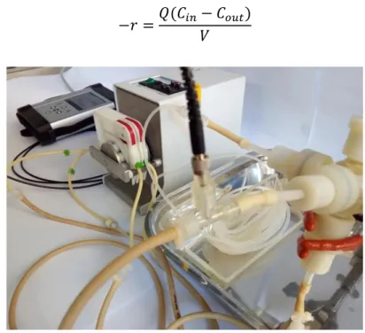 Fig. 2.4. An image of the flow-through oxygen sensor at the outlet of the bioreactor connected  via optical fiber to the Fibox 4 oxygen meter