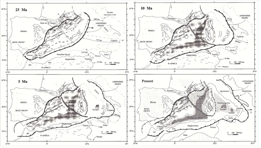 Figura 1.1 – Evoluzione paleotettonica del Mediterraneo centrale di cui fa parte l’Arco Calabro a partire dal Miocene Inferiore fino all’attuale ( Gueguen et al., 1998)