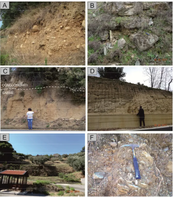 Figura  2.4  –  Litotipi  affioranti  nell’area  di  studio:  (A)  e  (B)  depositi  conglomeratici  (Pleistocene);  (C)  contatto  stratigrafico- stratigrafico-deposizionale tra sabbie-arenarie e conglomerati;(D) depositi sabbiosi (Pleistocene); (E) depos