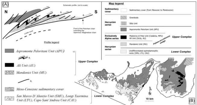 Figure 2.6: Schematic geologic map of Aspromonte Massif and Peloritani Mountains (after Cirrincione et al.,  2011).