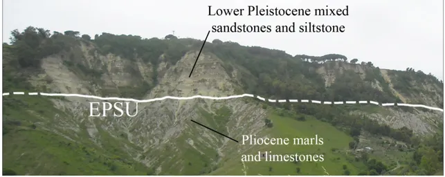 Figure 3.13: Plio-Pleistocene Uncomformity (EPSU; Zecchin et al., 2015) bounding the top of Pliocene marls  and limestones
