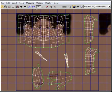 Figura 12. Finestra di editing del modificatore Unwrap UVW. Sono visibili le sotto-selezioni  della mesh 'stirate' sul piano di mappatura.