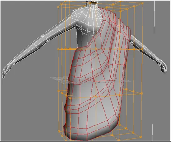 Figura 15. Fase di rielaborazione dell'hymation per il personaggio femminile. La struttura di  controllo che circonda l'oggetto è il gizmo del modificatore FFD.