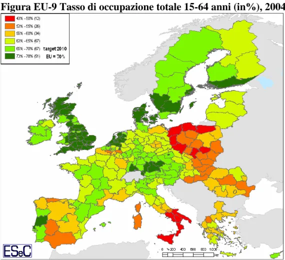 Figura EU-9 Tasso di occupazione totale 15-64 anni (in%), 2004 