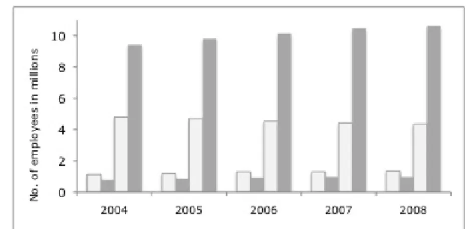 Figure 1.3: Evolution of temporary and total employment by age groups 2004-