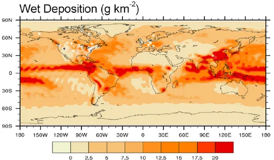 Figure 2.6.1: Global distribution of wet deposition fluxes during the simula-