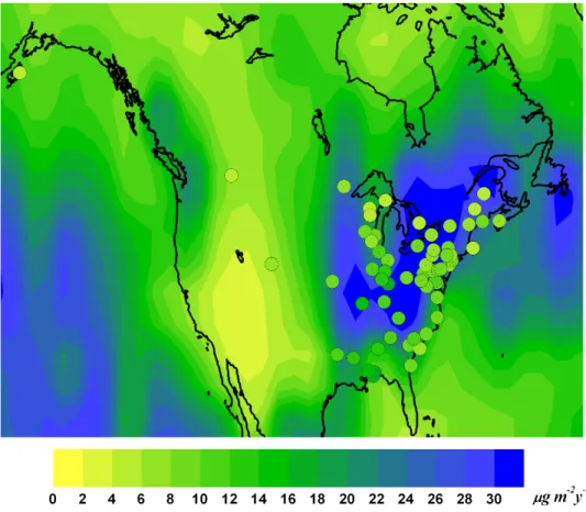 Figure 2.6.2: Annual Hg wet deposition fluxes over North America during