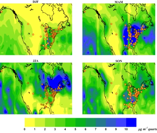 Figure 2.6.3: Seasonal Hg wet deposition fluxes over North America aver-