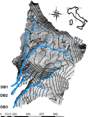 Figura 6.1: Mappa topograca del bacino del torrente Cordon con i relativi sotto-bacini aerenti DB1, DB2, e DB3.