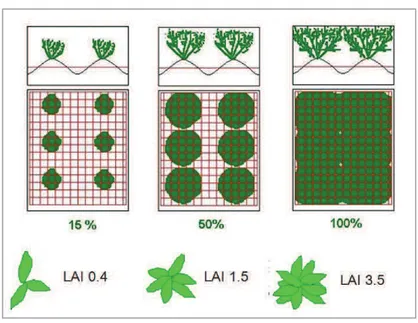 Figura 2.1. Rappresentazione del legame tra il LAI e la percentuale di suolo   coperta da vegetazione per tre valori del LAI