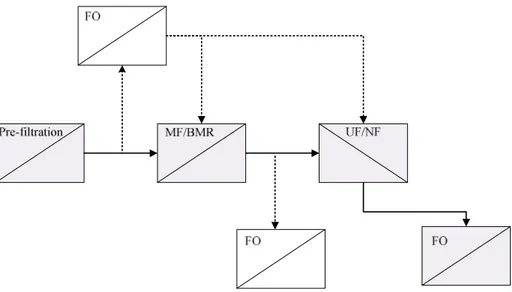 Figure 2 : Illustration of successive integration of pre-filtration, microfiltration or biocatalytic 
