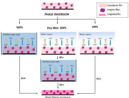 Figure 1 Three different methods  to induce the polymer phase inversion, used  for membranes preparation: Non-solvent induced phase separation (NIPS),  Dry-wet-non-solvent  induced  phase  separation  (Dry-Wet-NIPS)  and  Vapor  induced  phase separation (