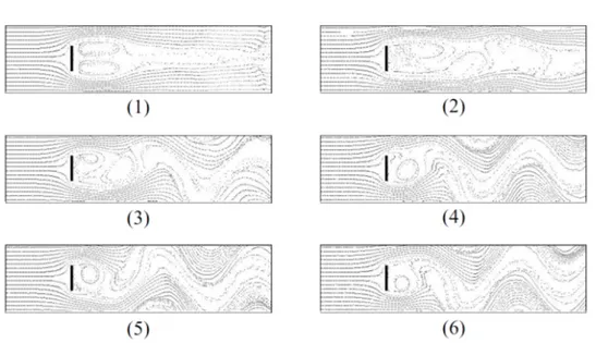 Figure 3.8: Simulation of a flow around a thin plate with a Boltzmann Lattice model. Figures 1 to 6 illustrate the evolution of the system.