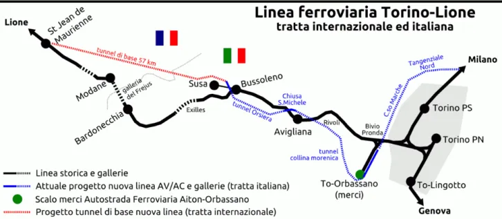 Figura 1.2: linea storica e progetto attuale del TAV Torino-Lione 