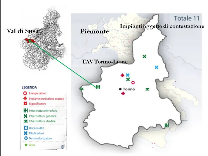 Figura 1.4: collocazione area geografica d’indagine della mobilitazione contro il TAV, con inquadramento degli  impianti oggetto di contestazione in Piemonte